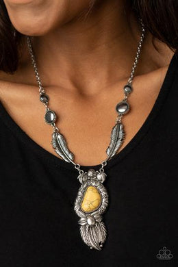 Necklace RULER OF THE ROOST - YELLOW CRACKED STONE SILVER FEATHER N168
