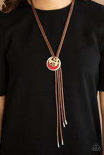 Load image into Gallery viewer, Necklace IM FELINE GOOD - RED CHEETAH PRINT SILVER CIRCLE BROWN CORD N2021