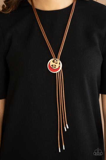 Necklace IM FELINE GOOD - RED CHEETAH PRINT SILVER CIRCLE BROWN CORD N2021